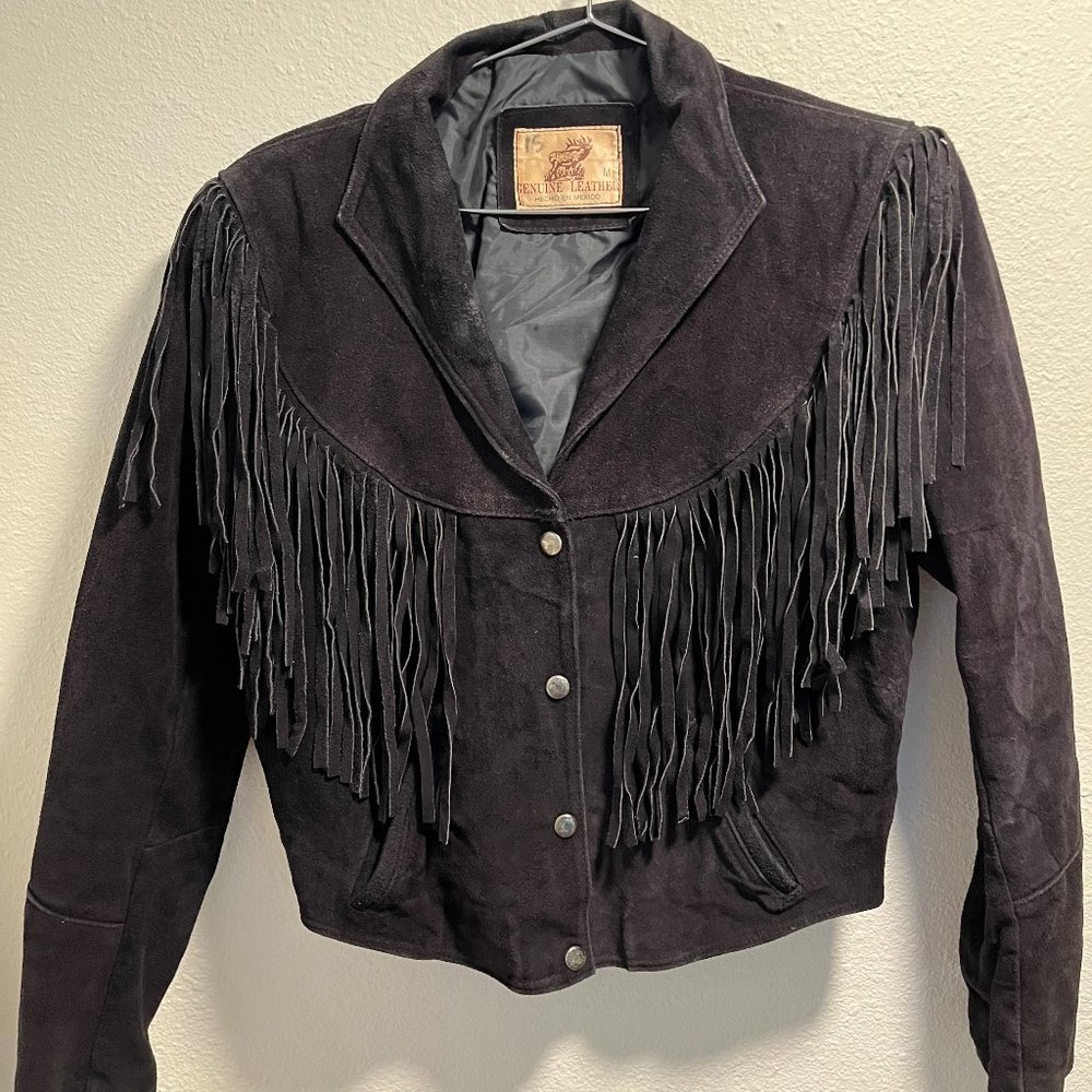GENUINE LEATHER SUEDE FRINGE CROP JACKET